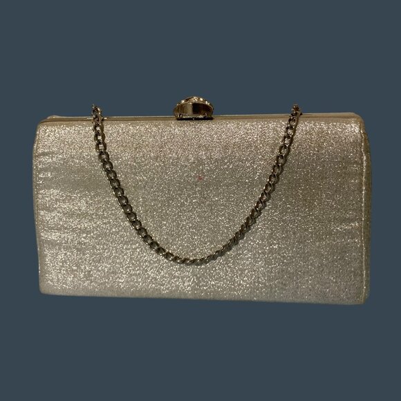 Vintage Elegant Metallic Silver Clutch Bag With Chain Strap Evening Handbag - Picture 1 of 9